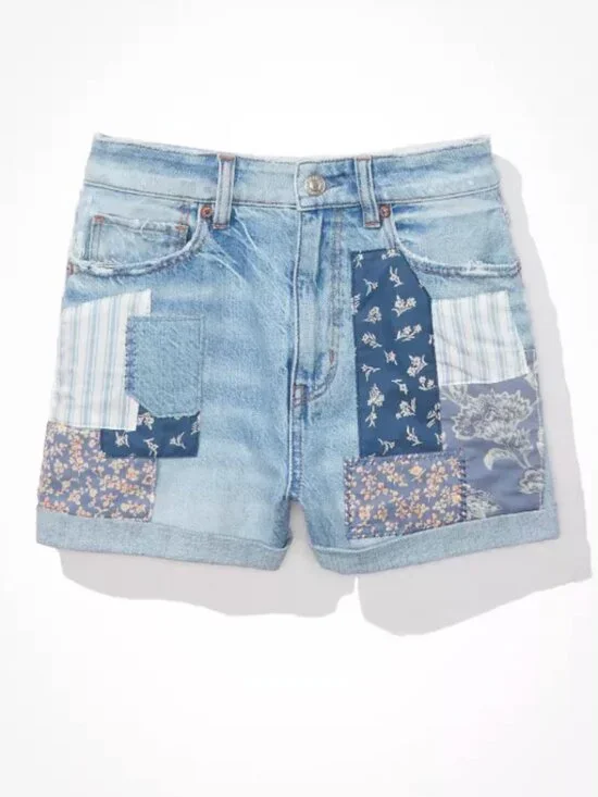 American Eagle AE Patch Me Up Blue Floral High-Rise Denim Mom Shorts Size 4 - Picture 9 of 11